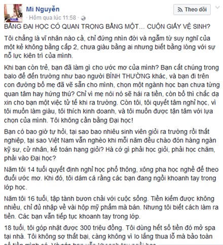 Bài viết của cô trên trang cá nhân nhận được hàng ngàn lượt chia sẻ. Ảnh: Facebook Mi Nguyễn