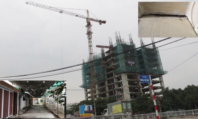 Dự án khối tòa nhà dịch vụ thương mại, căn hộ cao cấp của tập đoàn Bảo Sơn thi công đến tầng thứ 10 mới có phép xây dựng. Hơn 20 hộ dân bị ảnh hưởng hư hỏng nhà cửa (ảnh nhỏ) vẫn chưa đền bù xong thiệt hại.