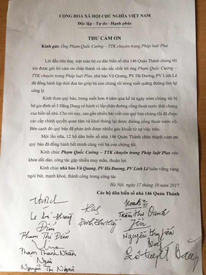 Thư cám ơn của các hộ dân sống tại địa chỉ 146 Quán Thánh gửi tới Pháp luật Plus