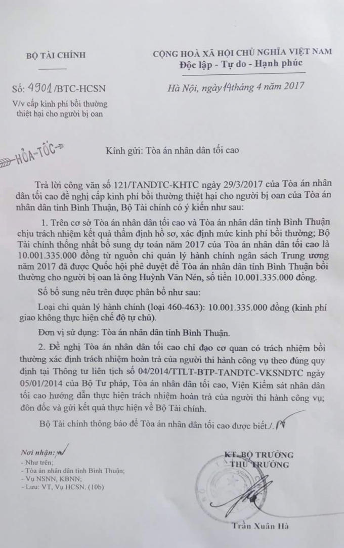 Bộ Tài chính đã thống nhất bổ sung nguồn chi quản lý hành chính ngân sách trung ương hơn 10 tỷ đồng để bồi thường oan sai cho ông Nén.