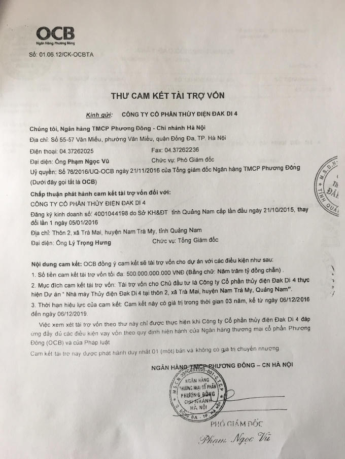 Thư cam kết tài trợ vốn của ngân hàng OCB.