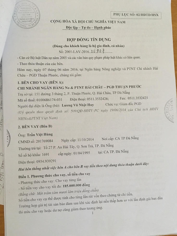 Hợp đồng vay thêm từ ngân hàng của anh Hùng để mua nhà.