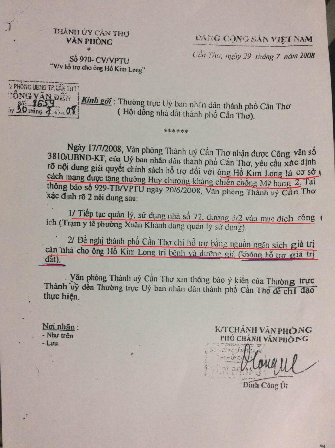 Văn bản chỉ đạo được cho đầy mâu thuẫn của Thành ủy Cần Thơ khi giải quyết khiếu nại cho ông Long.