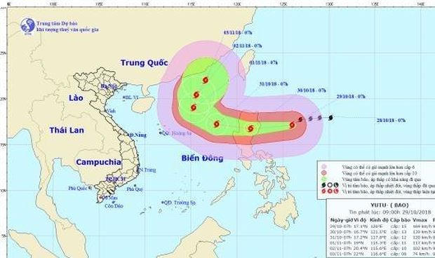 Đường đi và vị trí di chuyển của Bão Yutu.