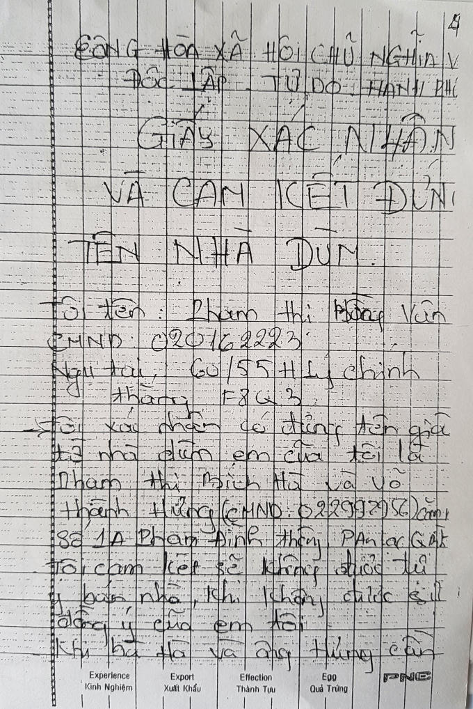 Giấy xác nhận và cam kết bà Vân đứng tên hộ do bà Hà cung cấp cho Tòa.