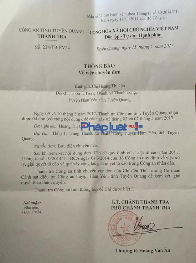 Đơn thư của cháu Hoàng Thị G. liên tục được gửi tới các cơ quan chức năng tỉnh Tuyên Quang.