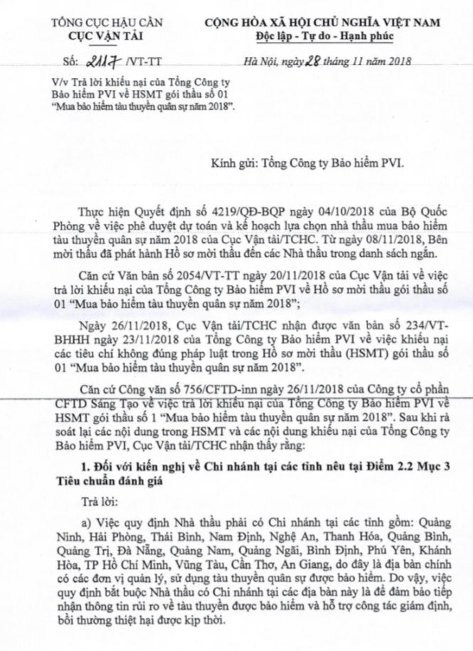 Văn bản phát đi từ Cục Vận tải, thuộc Bộ Quốc Phòng.