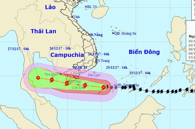 Vị trí và hướng di chuyển của bão số 16. (Ảnh: NCHMF).