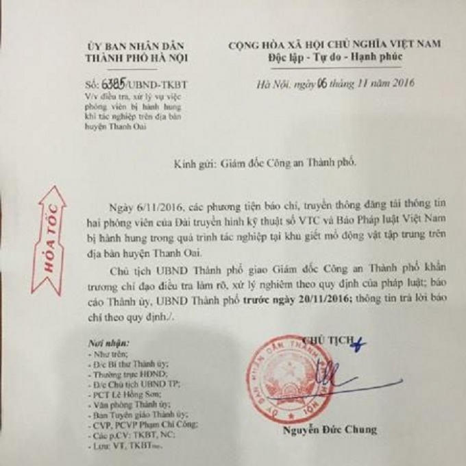 Công văn chỉ đạo điều tra làm rõ vụ hành hung phóng viên của Chủ tịch UBND TP Hà Nội Nguyễn Đức Chung.