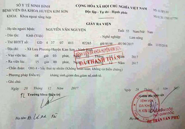 Giấy ra viện BVĐK huyện Kim Sơn xuất cho bệnh nhân nam, chuẩn đoán bị "sẩy thai tự nhiên" gây xôn xao dư luận. Ảnh: dan tri.com.