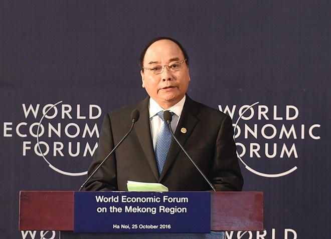 Thủ tướng Nguyễn Xuân Phúc phát biểu tại Hội nghị WEF - Mekong 2016. (Ảnh: báo Điện tử Chính phủ)