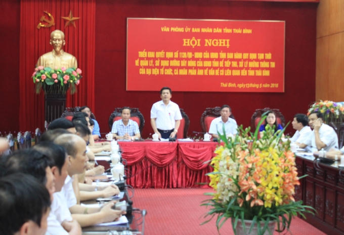 Chủ tịch UBND tỉnh Thái Bình phát biểu tại hội nghị (ảnh Cổng TTĐT tỉnh Thái Bình).