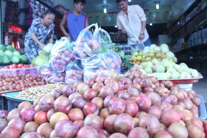 Mận được bày bán tại các cửa hàng trái cây Bắc có giá cao hơn gấp đôi loại đang bán ven đường. Ảnh: Phạm Oanh