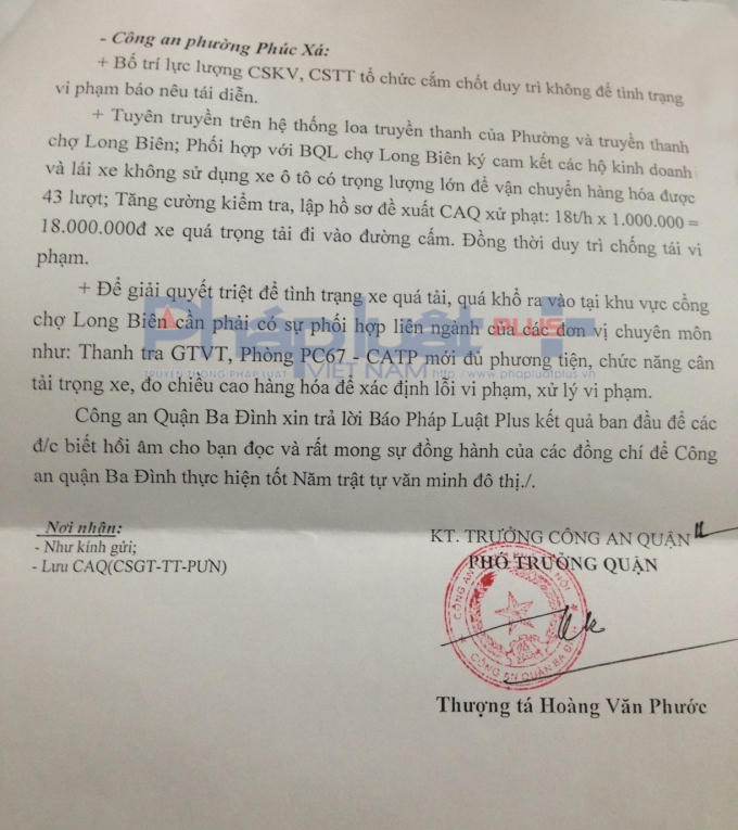 Xe qu&aacute; khổ, qu&aacute; tải ở chợ Long Bi&ecirc;n: C&ocirc;ng an quận Ba Đ&igrave;nh hồi đ&aacute;p