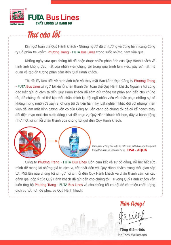 Thư xin lỗi được đăng trên website của hãng Phương Trang.
