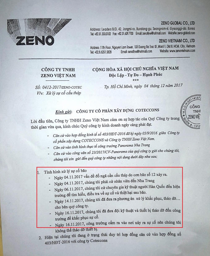 Văn bản của công ty Zeno cho thấy công tác khắc phục sự cố đã được lập kế hoạch nhanh chóng nhưng không thể triển khai do bị ngăn cản