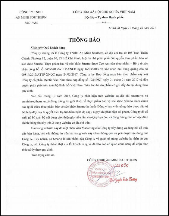 Công ty TNHH An Minh Southern thừa nhận đăng thông tin sai và xin lỗi khách hàng.