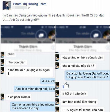 Hương Tràm công khai tin nhắn gạ tình hồi 5/2014.