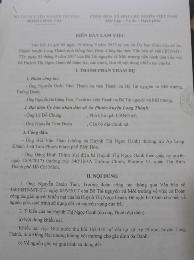 Biên bản làm việc của Đoàn công tác Bộ TN&MT với đại diện gia đình bà Oanh.