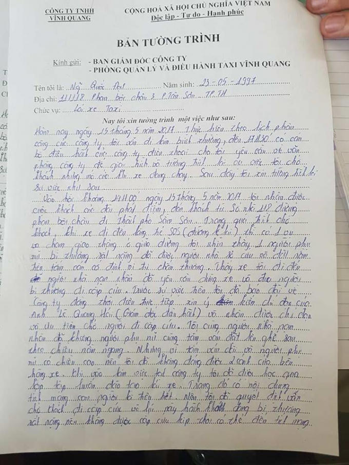 Tường trình của tài xế taxi 36A-141.54. (Ảnh: A.T)