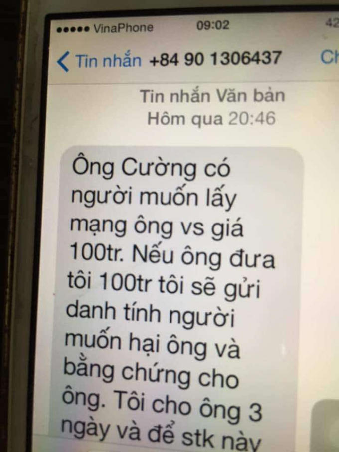 Một trong những tin nhắn khủng bố, đe dọa lãnh đạo Văn phòng Đoàn Đại biểu Quốc hội nhằm chiếm đoạt tiền.