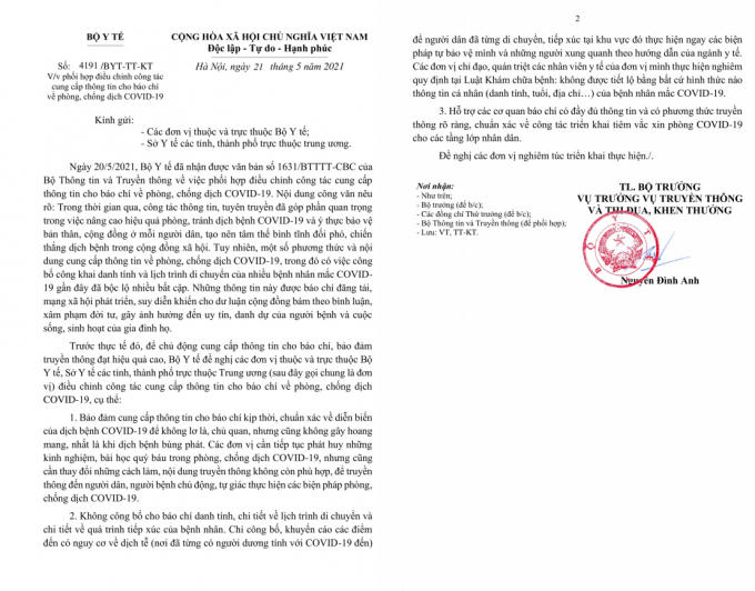 Công văn 4191/BYT-TT-KT của Bộ Y tế.