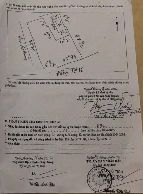 Tờ kê khai đất đai năm 2014 của phường Thới An có ghi nhận hiện trạng công trình của bà Thúy.