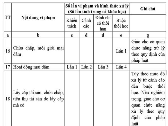 Khung quy định xử phạt đối với trường hợp sinh viên hoạt động mại dâm theo Thông tư 10/2016 của Bộ GD&amp;ĐT.