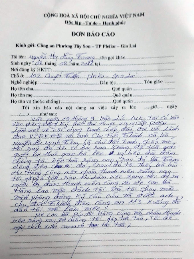 Đơn tố cáo của bà Nguyễn Thị Thuỳ Trang tố cáo bà Nguyễn Thị Minh Tâm tại công an phường Tây Sơn