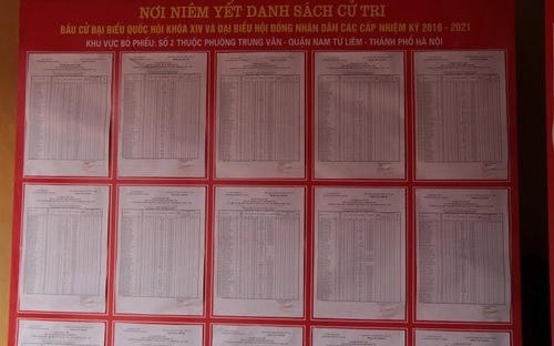 Niêm Yết danh sách cử tri khu vực bỏ phiếu số 2 thuộc phường Trung Văn, Nam Từ Liêm, Hà Nội.