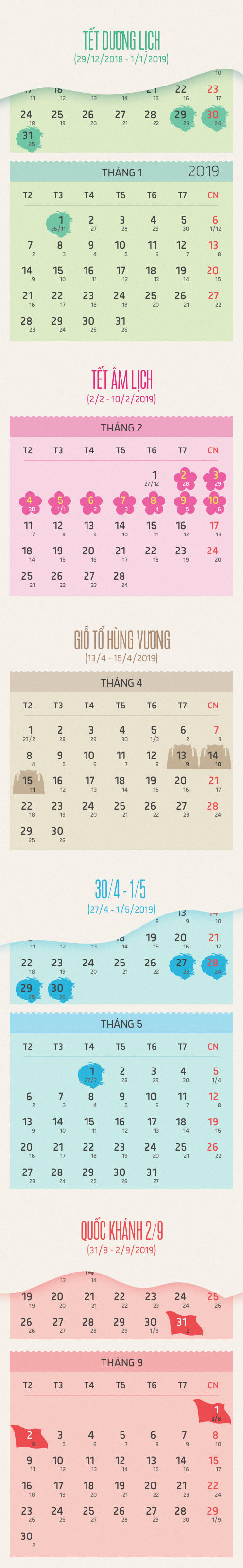 Lịch c&aacute;c ng&agrave;y nghỉ lễ năm 2019