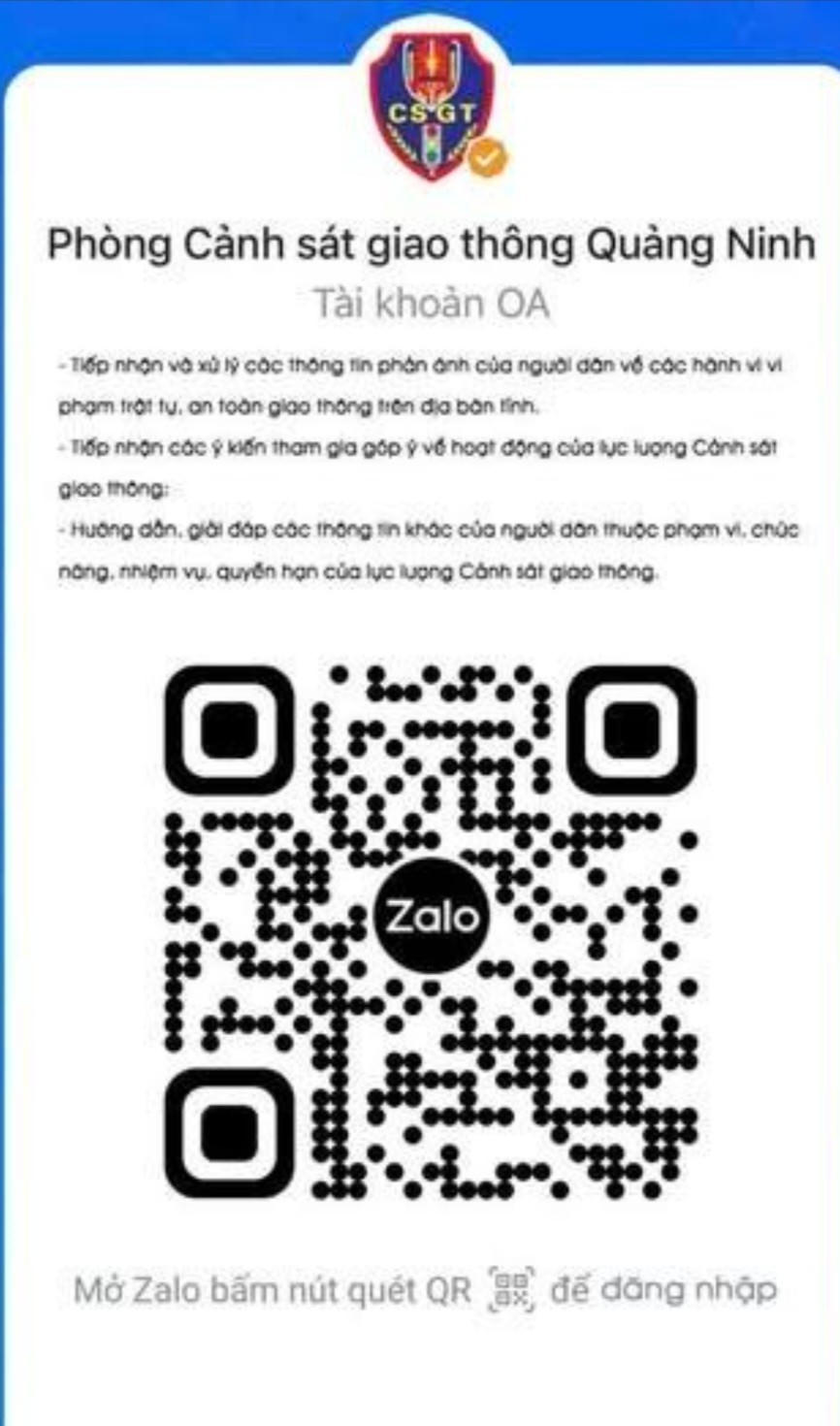 Zalo Phòng CSGT tiếp nhận thông tin phản ánh của người dân về trật tự giao thông trên địa bàn tỉnh Quảng Ninh.