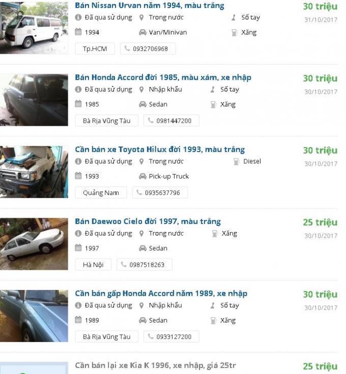 Rất nhiều mẫu ô tô cũ được rao bán giá chỉ từ 25 triệu đồng/chiếc. Ảnh: Lâm Anh