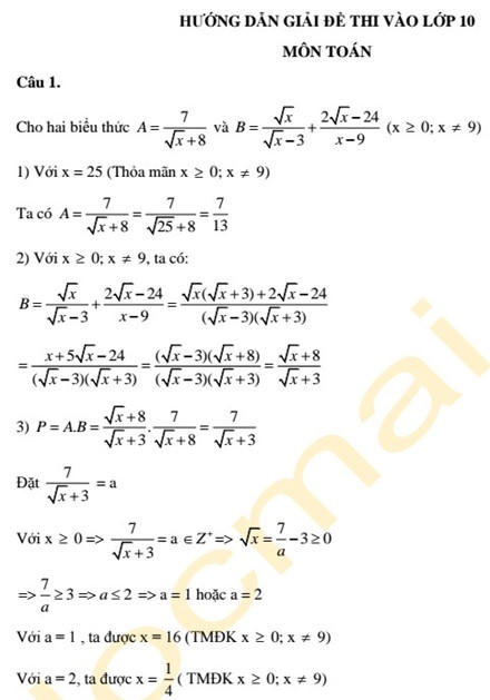 Gợi &yacute; đ&aacute;p &aacute;n đề thi m&ocirc;n To&aacute;n kỳ thi tuyển sinh lớp 10 tại H&agrave; Nội
