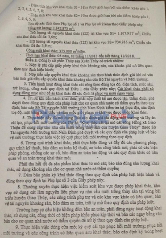 Khoản 3, Điều 2 ghi rõ cát khai thác phải sử dụng đúng mục đích như đề án khai thác đã xác định là nuôi ngao vạng.
