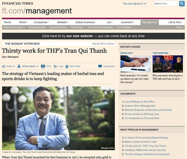 Hình ảnh TS. Trần Quí Thanh xuất hiện trên Financial Times - tờ báo chuyên thảo luận, phân tích các vấn đề kinh tế toàn cầu.