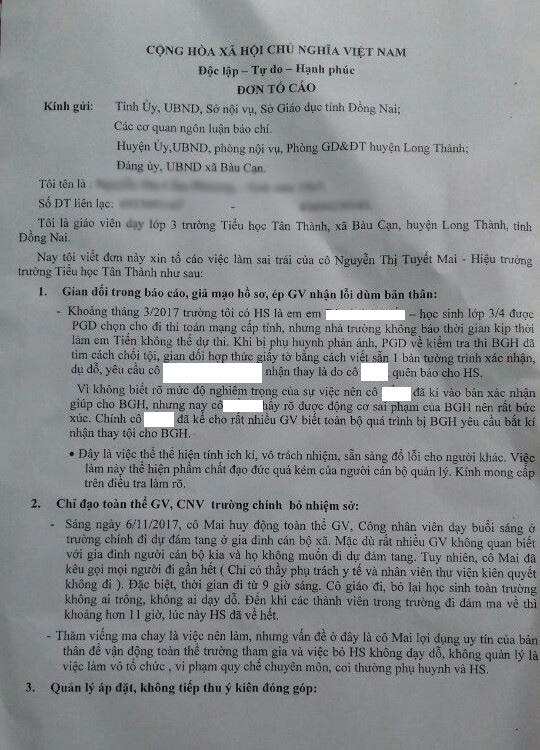 Đơn tố cáo Hiệu trưởng Trường tiểu học Tân Thành.