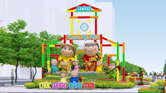 Ở vị trí trung tâm cổng chào là đại gia đình Hợi với 9 thành viên cùng nhau đi chơi Tết, sắm Tết