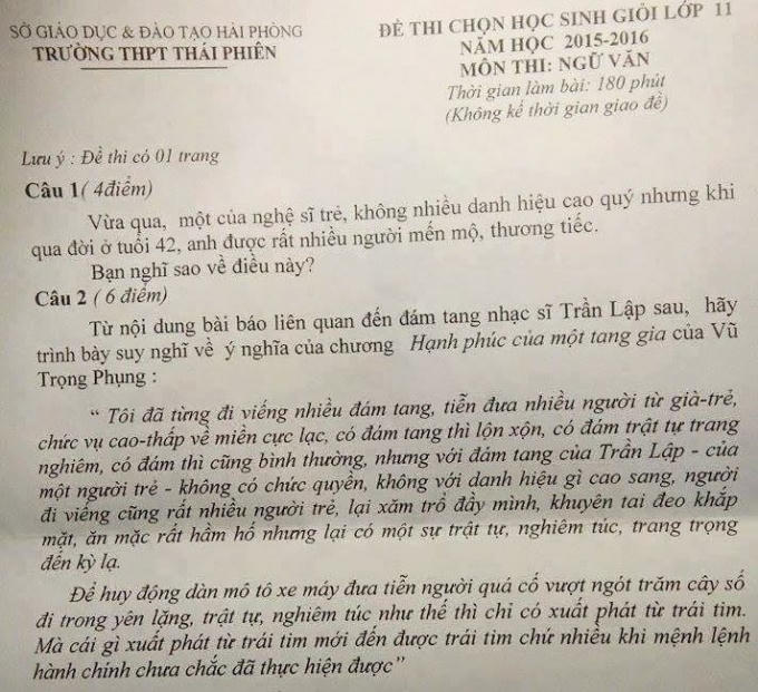 Đề thi dành cho HS Trường THPT Thái Phiên (Hải Phòng) được đăng tải trên mạng xã hội.