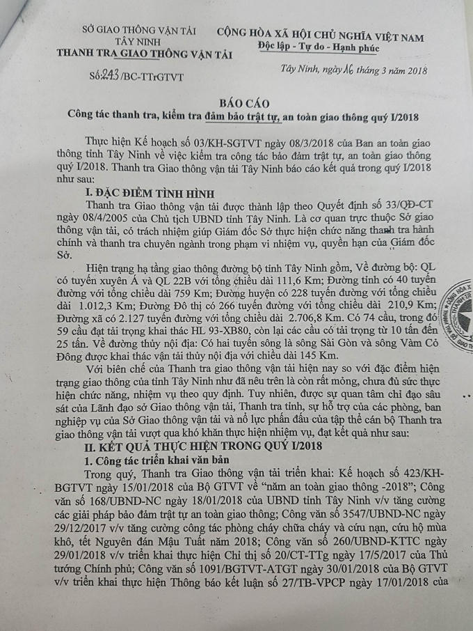 Báo cáo thanh tra, kiểm tra quý I/2018 của Thanh tra Sở GTVT tỉnh Tây Ninh.