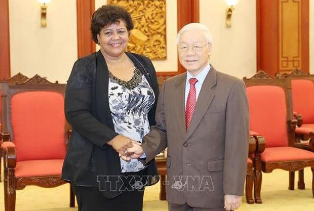 Tổng Bí thư Nguyễn Phú Trọng tiếp đồng chí Olga Lidia Tapia Iglesia. Ảnh: TTXVN.