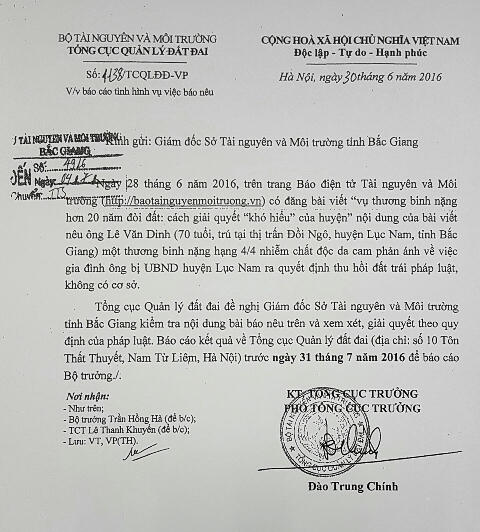 Tổng cục Quản lý Đất đai yêu cầu sở TN&amp;MT tỉnh Bắc Giang báo cáo vụ việc trước ngày 31/7/2016, tuy nhiên đã quá thời hạn trên nhưng sở TN&amp;MT vẫn không có Văn bản trả lời với lí do.