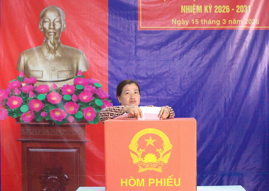 Nhiều cử tri tại khu vực bỏ phiếu số 15 (phường Bạc Liêu) và bỏ phiếu vào hòm phiếu, thể hiện trách nhiệm và niềm tin đối với sự phát triển của địa phương.