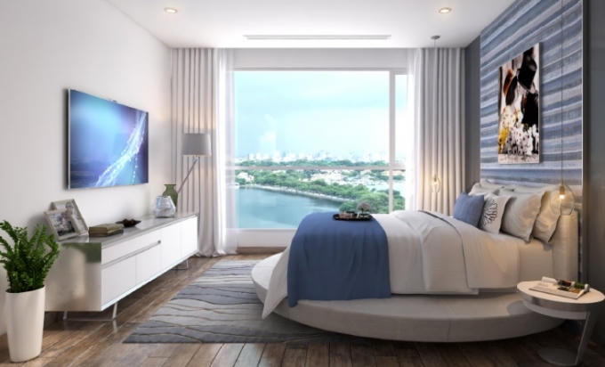 Minh họa nội thất căn hộ Vinhomes Skylake với màu xanh dịu mát, thời thượng.