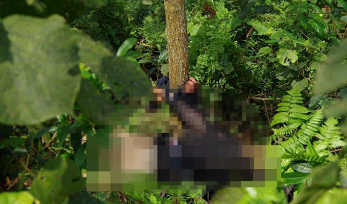 Hiện trường nơi người phụ nữ bị sát hại và trói vào gốc cây.