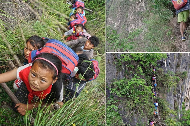 Học sinh leo núi dựng đứng để đi học