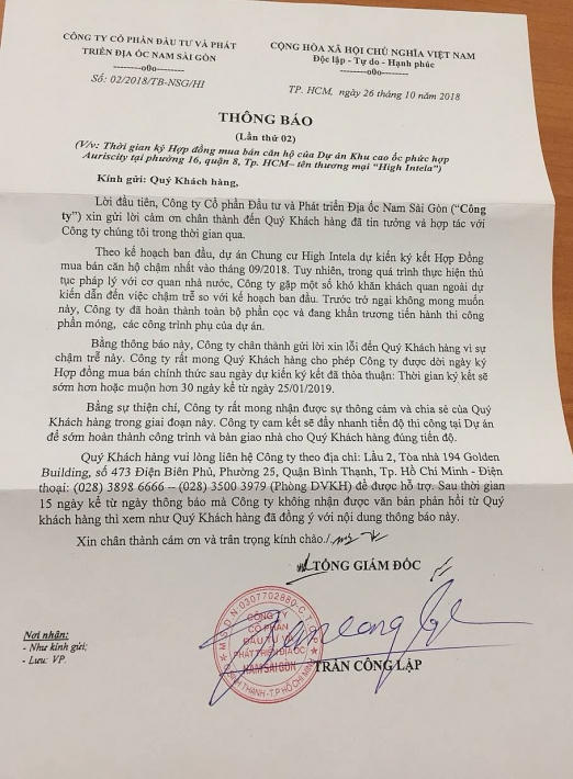 Thông báo lần thứ 2 của Công ty cổ phần Đầu tư và Phát triển địa ốc Nam Sài Gòn gửi khách hàng