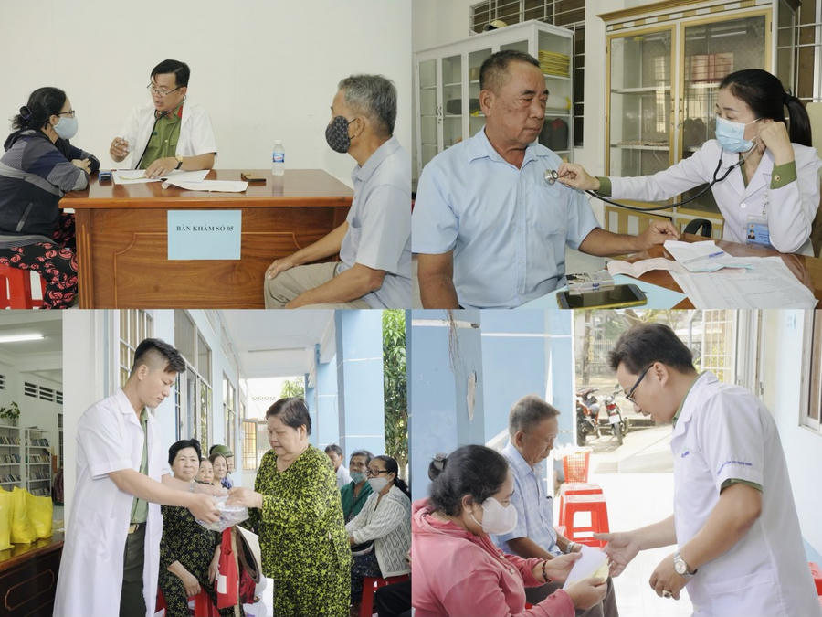 Cán bộ, chiến sĩ Bệnh viện Công an tỉnh Cà Mau khám bệnh, cấp phát thuốc và tặng quà cho Nhân dân xã Thới Bình.