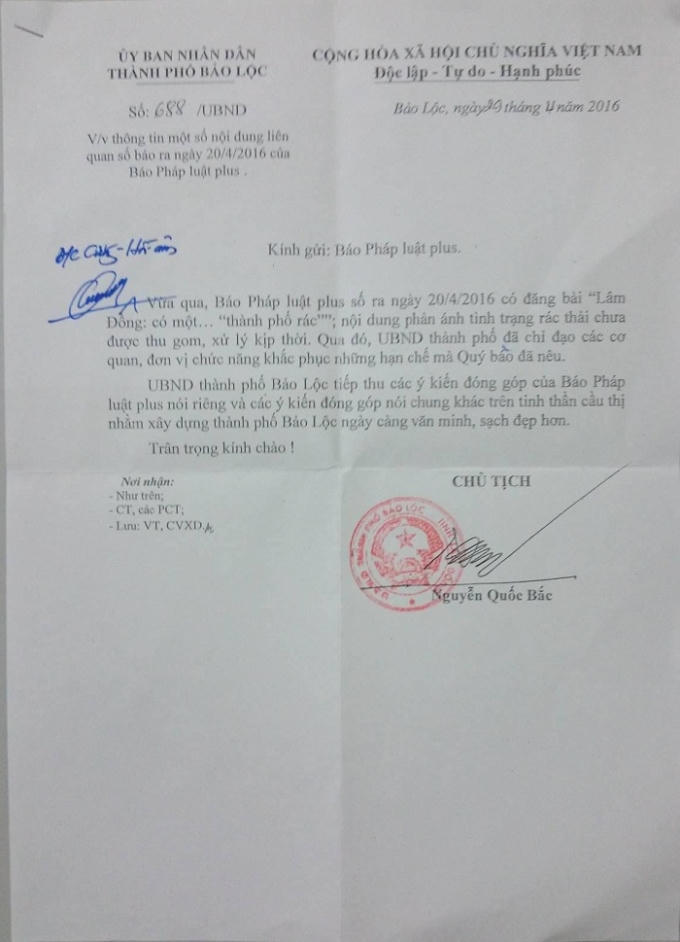 Công văn UBND TP Bảo Lộc (Lâm Đồng) phản hồi thông tin sau bài viết trên Pháp luật Plus.