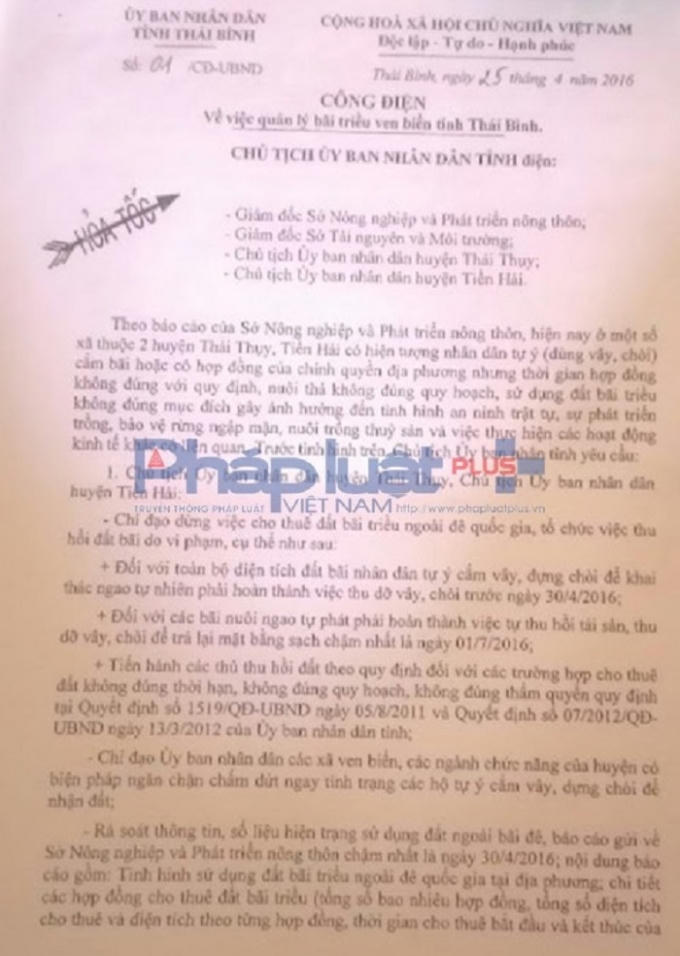 Công điện hỏa tốc số 01-CĐ/UBND do Chủ tịch tỉnh Thái Bình Nguyễn Hồng Diên ký ngày 25/4/2016 về việc quản lý bãi triều ven biển tỉnh Thái Bình.